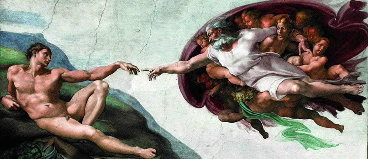 The Creation of Adam, a famous fresco by Michelangelo, depicting God reaching out to touch the finger of Adam, symbolizing the spark of life and the connection between divine and humanity.