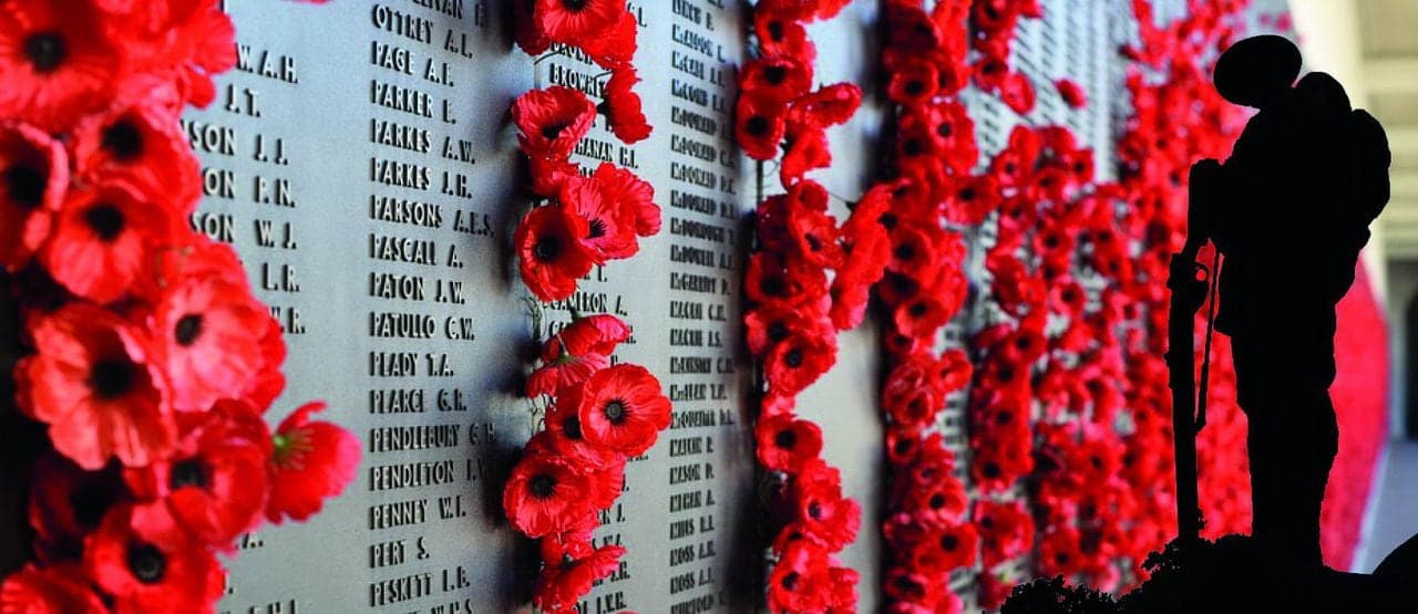 A silhouette of a soldier standing in front of a memorial wall adorned with red remembrance poppies.