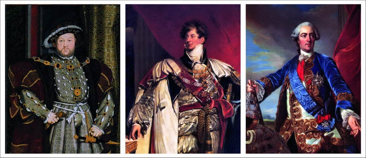 Three historical royal portraits: King Henry VIII of England on the left, a regal figure in elaborate clothing and jewelry in the center, and King George III of Britain on the right, dressed in royal robes with a sash.