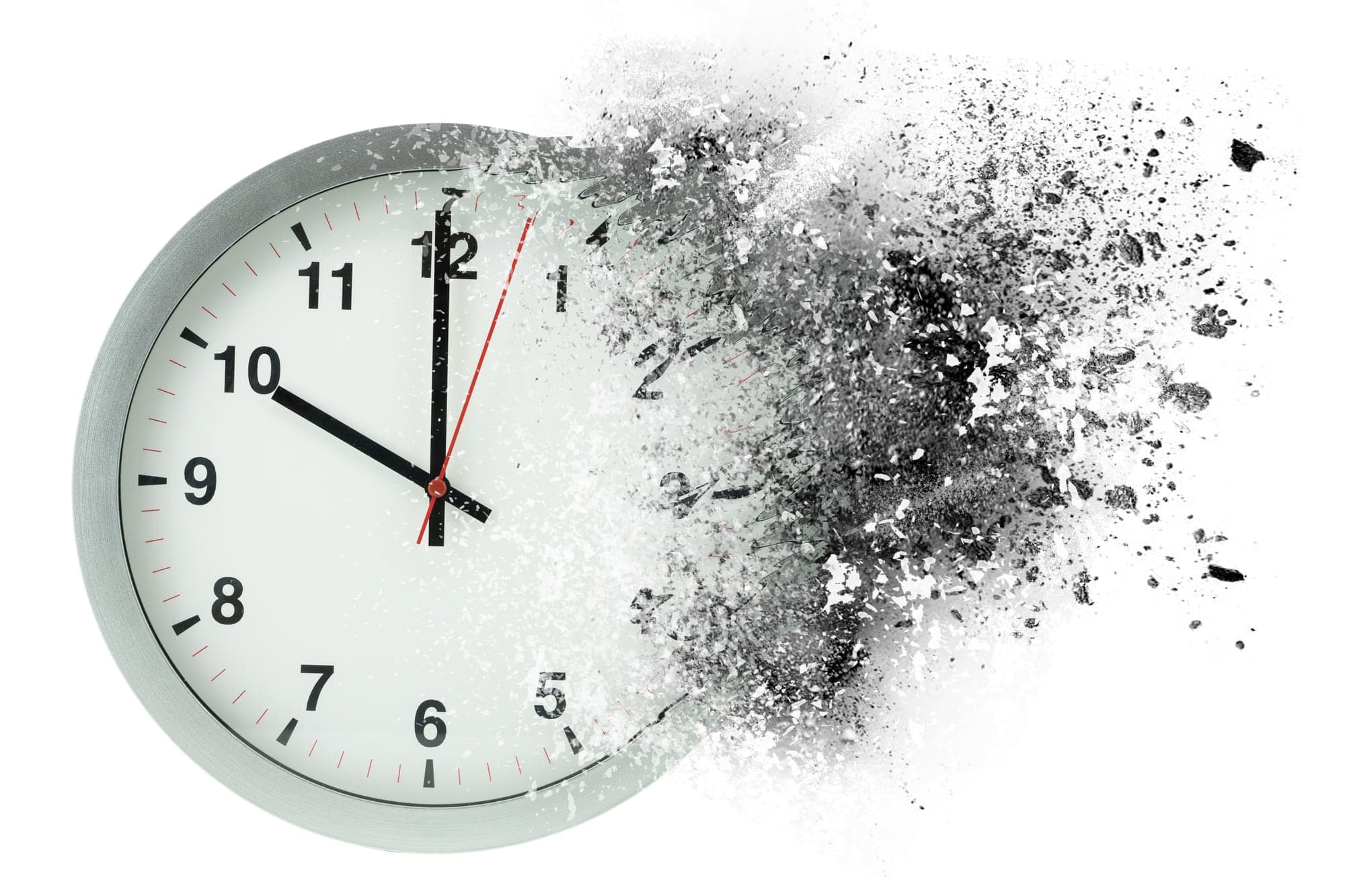 A wall clock disintegrating into dust, symbolizing the fleeting and fragile nature of time.