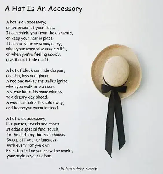 Poem titled “A Hat Is An Accessory” next to a beige sun hat with a long black ribbon.