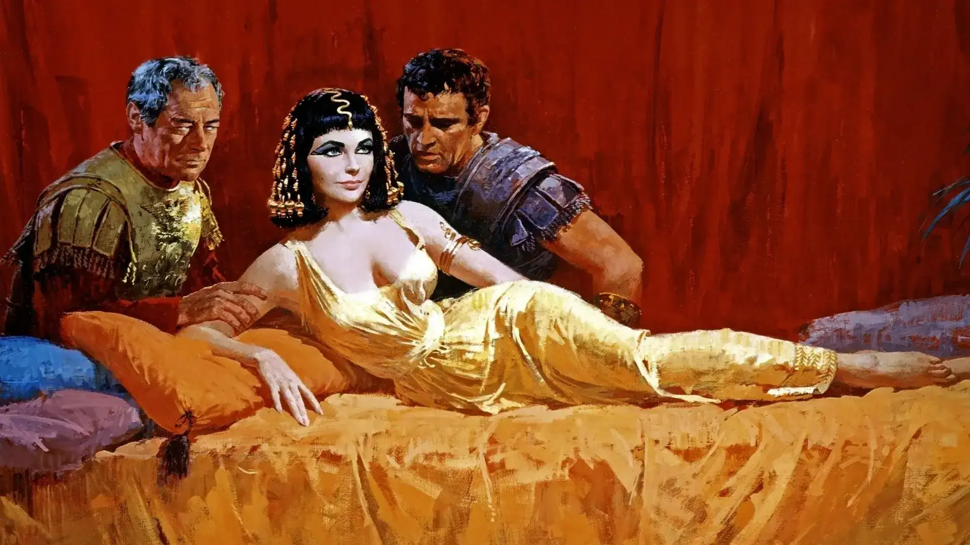 Cleopatra reclining in a golden gown with two Roman men, symbolizing seductive power