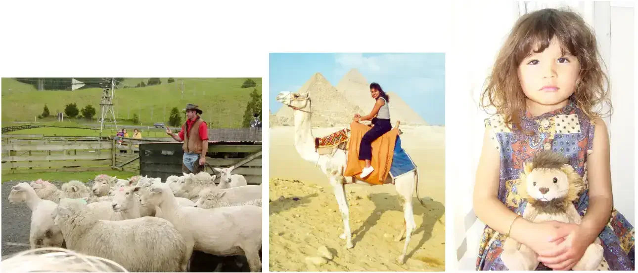 Three photos representing Nietzsche's metamorphoses: sheep, camel, and child with lion toy.