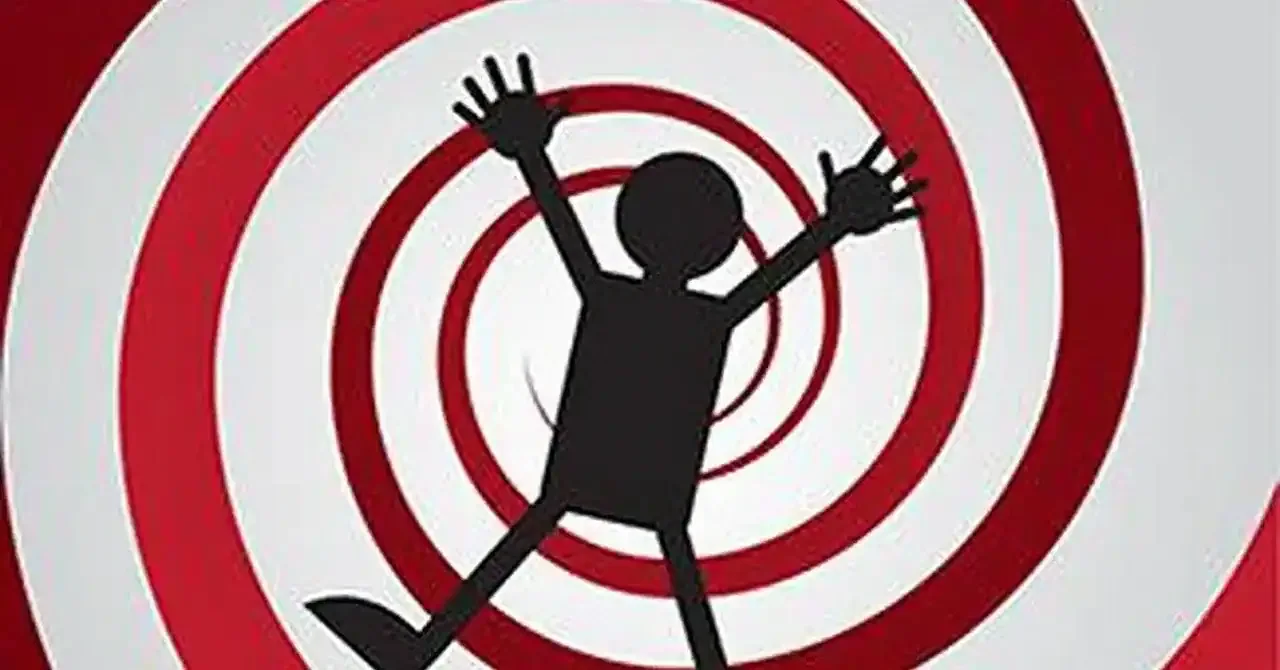 Cartoon figure being pulled into a red spiral target